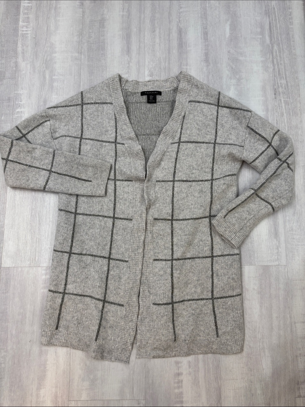 Tahari Gray Windowpane Open-Front Cardigan Cashmere Medium